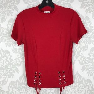 K/Lab Red Mock Neck Lace Up Ribbed Top